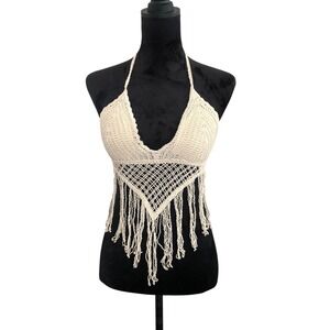 Peace Love Cream Boho Beachy Crochet Festival Halter Fringe String Top M/L